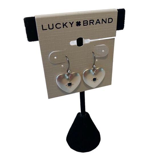 Matte Silver Heart Shaped Drop Earrings w/ Dark Blue Centered Pave Crystal - Picture 2 of 5